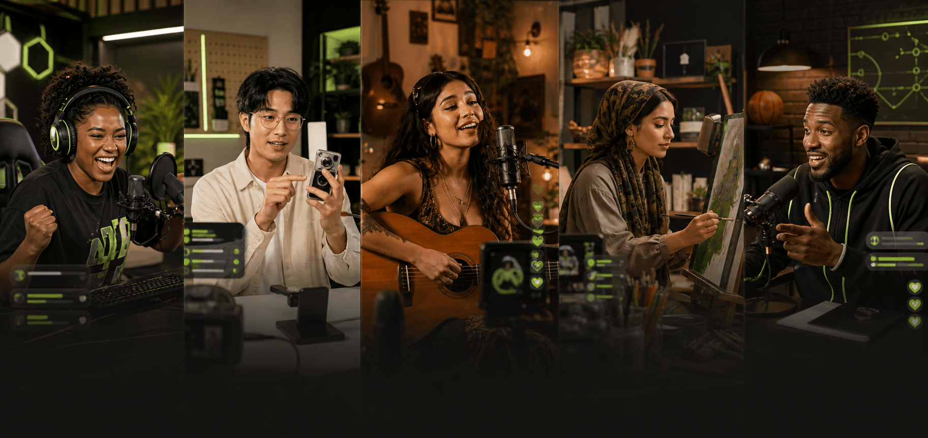 Five fictional successful streamers hosting gaming, technology, music, art, and conversation shows